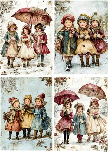 Papier ryżowy do decoupage A4 Dzieci zimą retro 3860