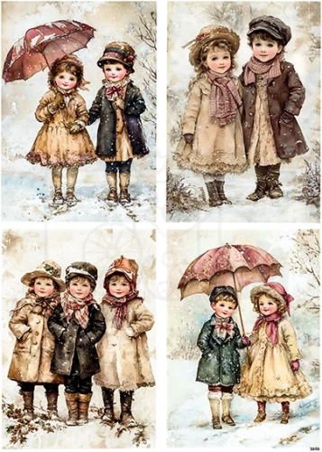 Papier ryżowy do decoupage A4 Dzieci zimą retro 3859