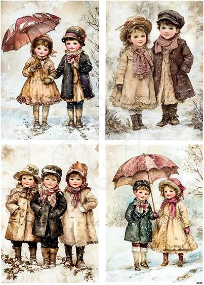 Papier ryżowy do decoupage A4 Dzieci zimą retro 3859