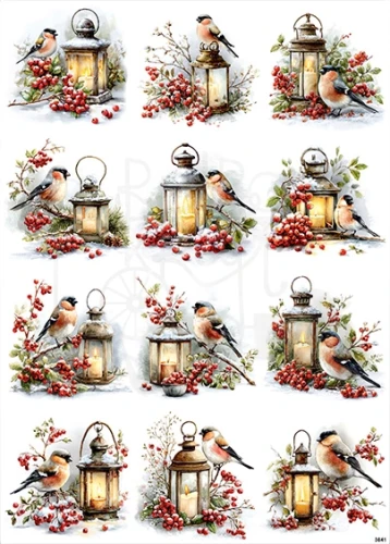 Papier ryżowy do decoupage A4 Zimowy ptaszek lampa i jarzębina 3841