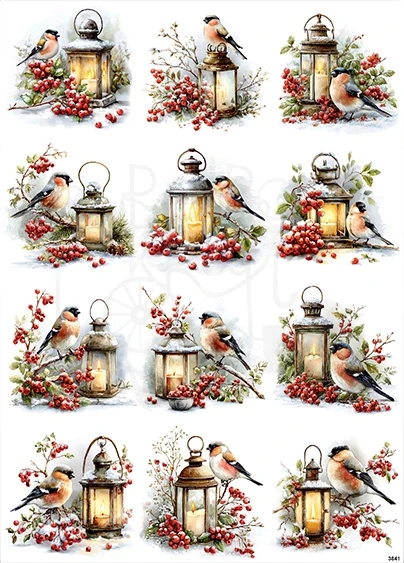 Papier ryżowy do decoupage A4 Zimowy ptaszek lampa i jarzębina 3841