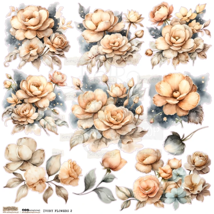 Naklejki papierowe do scrapbookingu i art journalingu Ivory Flowers 2 ScrapLove