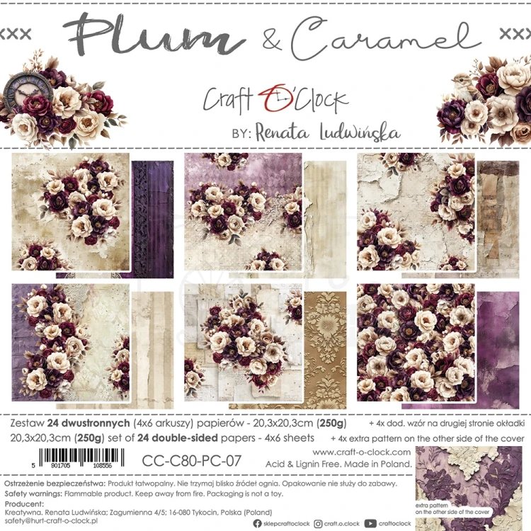 Zestaw papierów do scrapbookingu 20x20 Plum &amp; Caramel CC-C80-PC-07 Craft O'Clock