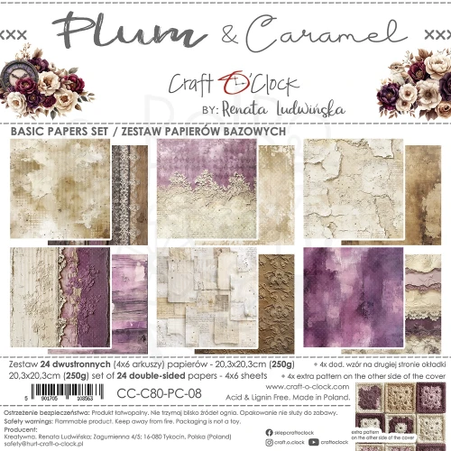 Zestaw papierów do scrapbookingu 20x20 Plum &amp; Caramel CC-C80-PC-07 Craft O'Clock