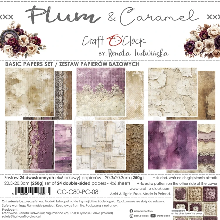 Zestaw papierów do scrapbookingu 20x20 Plum &amp; Caramel CC-C80-PC-07 Craft O'Clock