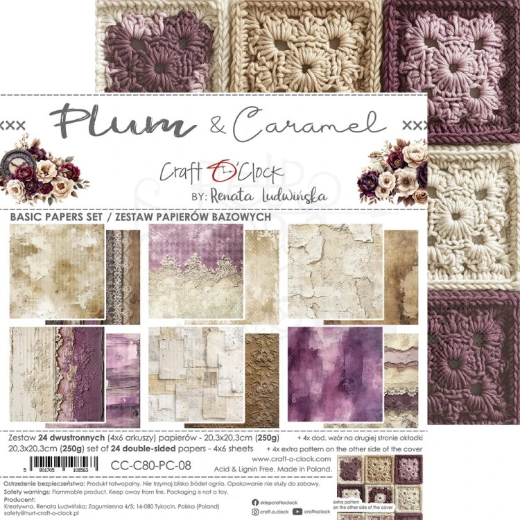 Zestaw papierów do scrapbookingu 20x20 Plum &amp; Caramel CC-C80-PC-07 Craft O'Clock