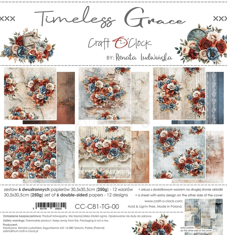 Zestaw papierów do scrapbookingu 30x30 Timeless Grace CC-C81-TG-00 Craft O'Clock