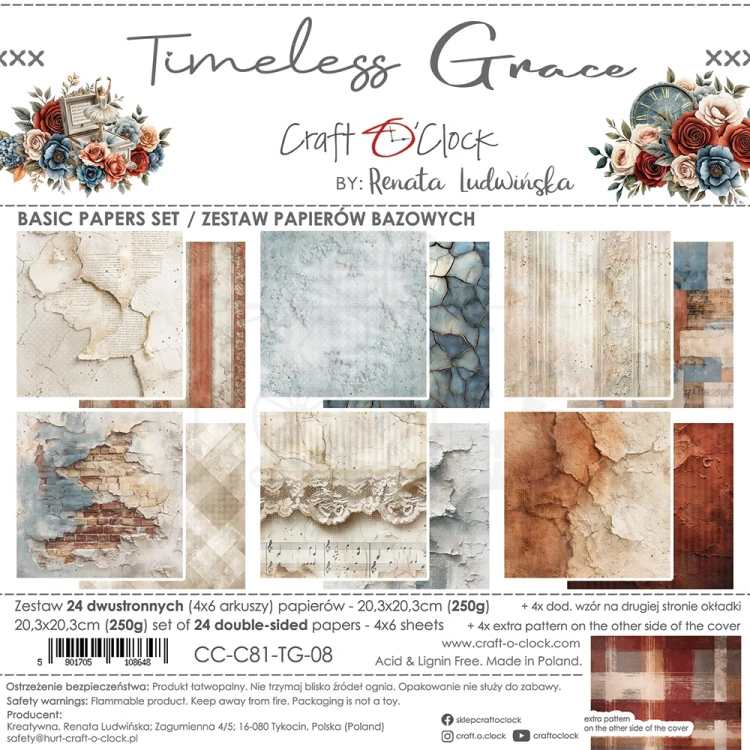 Zestaw papierów do scrapbookingu 20x20 Timeless Grace Basic CC-C81-TG-08 Craft O'Clock