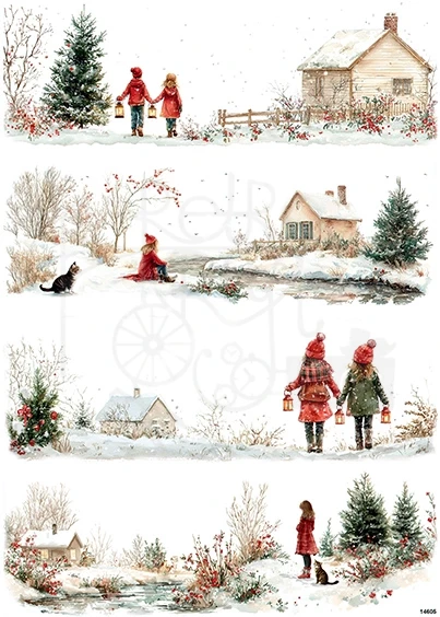 Papier ryżowy do decoupage A4 Zimowy domek strumyk i dzieci 14605