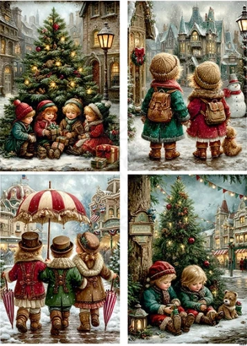 Papier ryżowy do decoupage A4 Dzieci i choinka retro 3943