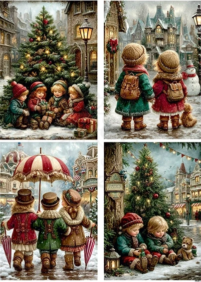 Papier ryżowy do decoupage A4 Dzieci i choinka retro 3943
