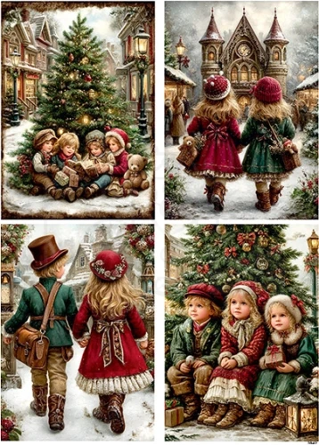 Papier ryżowy do decoupage A4 Dzieci i choinka retro 3942