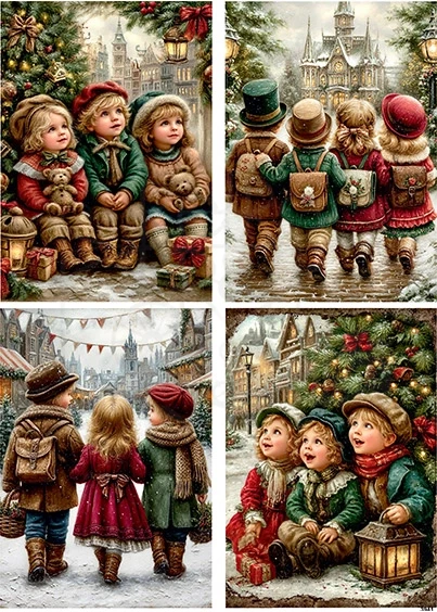 Papier ryżowy do decoupage A4 Dzieci i choinka retro 3941
