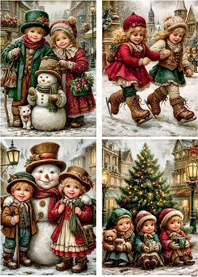 Papier ryżowy do decoupage A4 Dzieci choinka i bałwanek retro 3940