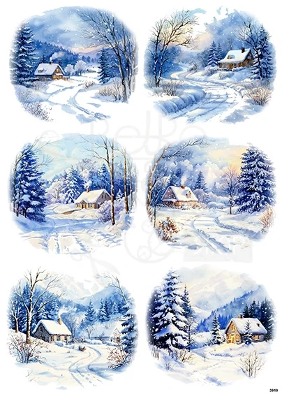 Papier ryżowy do decoupage A4 Zimowy domek w śniegu 3919