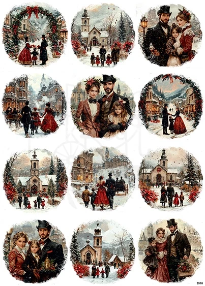Papier ryżowy do decoupage A4 Rodzina zimą retro 3918