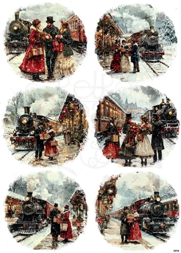 Papier ryżowy do decoupage A4 Rodzina zimą i lokomotywa retro 3914