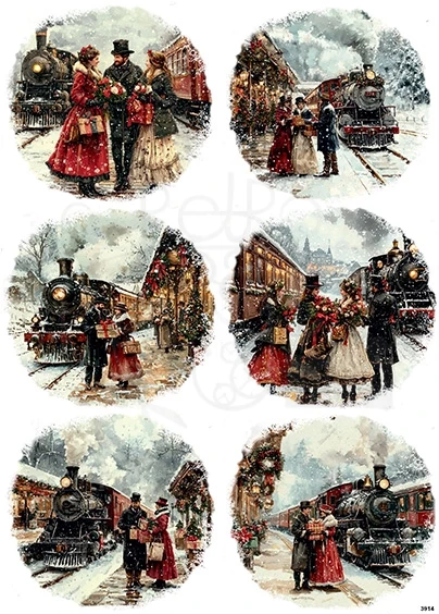 Papier ryżowy do decoupage A4 Rodzina zimą i lokomotywa retro 3914