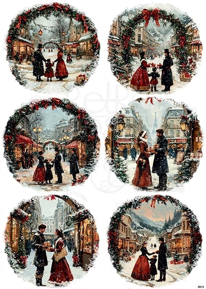 Papier ryżowy do decoupage A4 Rodzina zimą retro 3913