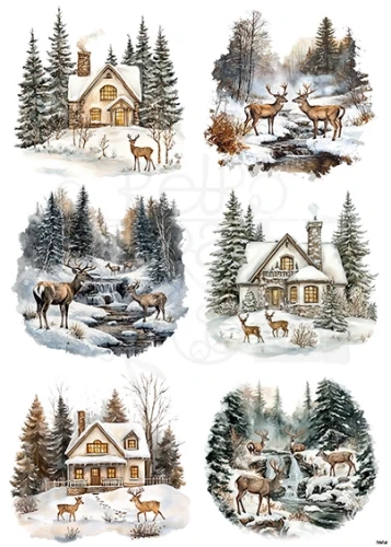 Papier ryżowy do decoupage A4 Zimowe domki i jelenie 3904