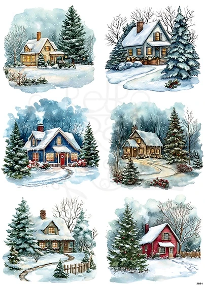 Papier ryżowy do decoupage A4 Zimowe domki 3891