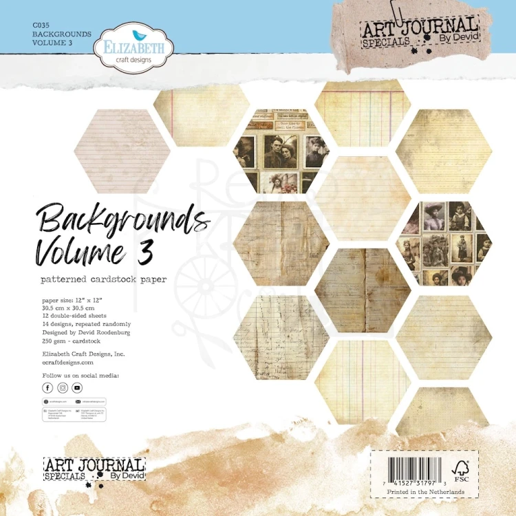 Zestaw papierów 30x30 Art Journal Specials Backgrounds Volume 3 12 arkuszy C035 Elizabeth Craft Design