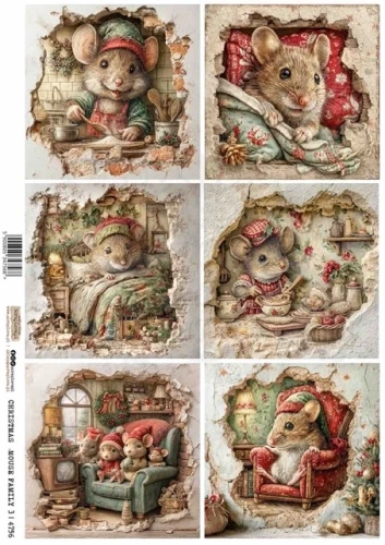 Papier ryżowy do decoupage A4 Świąteczna mysia rodzina 3 4756 ScrapLove