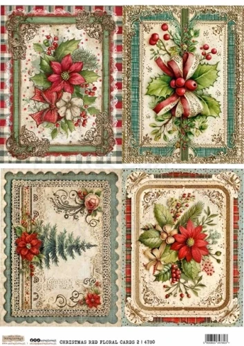 Papier ryżowy do decoupage A4 Świąteczne czerwone kwiatowe karty 2 4780 ScrapLove