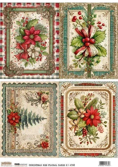 Papier ryżowy do decoupage A4 Świąteczne czerwone kwiatowe karty 2 4780 ScrapLove
