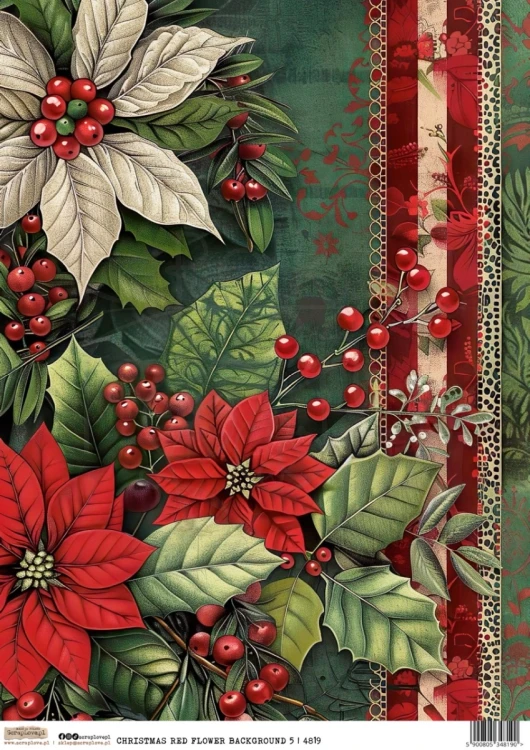 Papier ryżowy do decoupage A4 Świąteczne czerwone kwiatowe tło 5 4819 ScrapLove