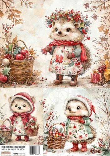 Papier ryżowy do decoupage A4 Świąteczny jeż z koszem 1 4738 ScrapLove