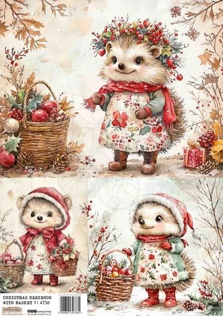 Papier ryżowy do decoupage A4 Świąteczny jeż z koszem 1 4738 ScrapLove