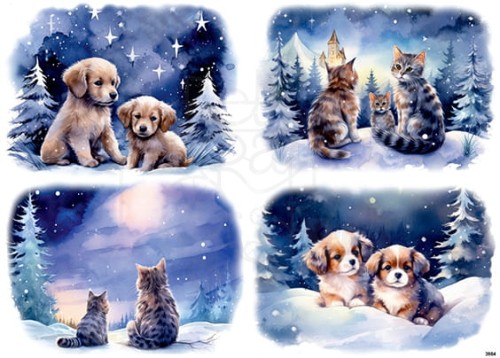 Papier ryżowy do decoupage A4 Zimowe pieski i kotki 3984