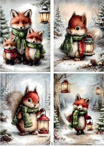 Papier ryżowy do decoupage A4 Zimowe wiewiórki i lisy 3975