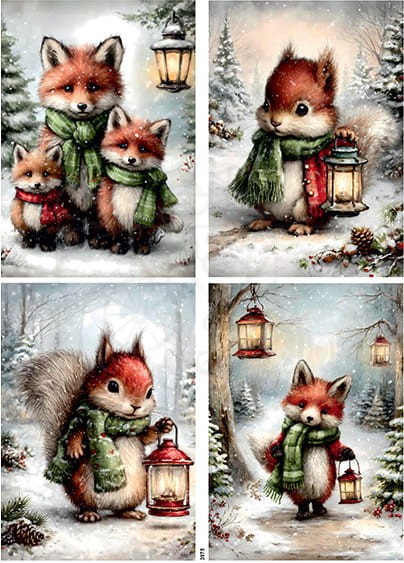 Papier ryżowy do decoupage A4 Zimowe wiewiórki i lisy 3975