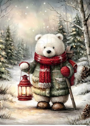 Papier ryżowy do decoupage A5 Zimowy miś i lampa 14775