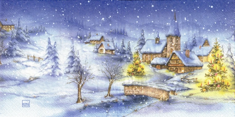 Serwetka 33x33 - Zimowa wioska i kościół