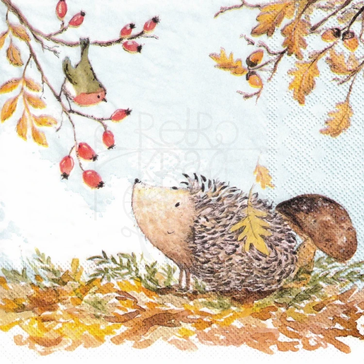 Serwetka 33x33 - Jesienny jeż i ptaszek