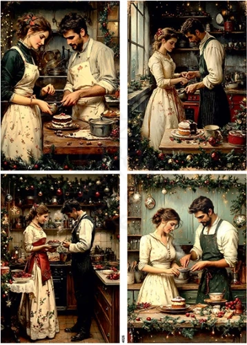 Papier ryżowy do decoupage A4 Boże Narodzenie pary w kuchni retro 4026