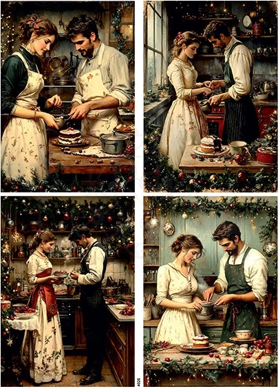 Papier ryżowy do decoupage A4 Boże Narodzenie pary w kuchni retro 4026