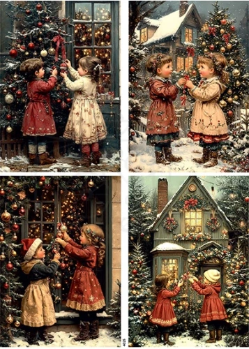 Papier ryżowy do decoupage A4 Boże Narodzenie dzieci retro 4025