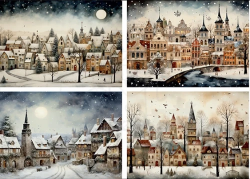 Papier ryżowy do decoupage A4 Zimowe miasto 4019