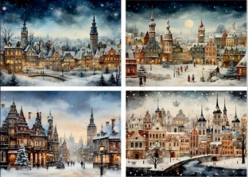 Papier ryżowy do decoupage A4 Zimowe miasto nocą 4018