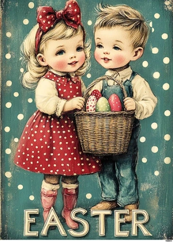 Papier ryżowy do decoupage A6 Wielkanoc - dzieci i kosz z jakami retro 16803