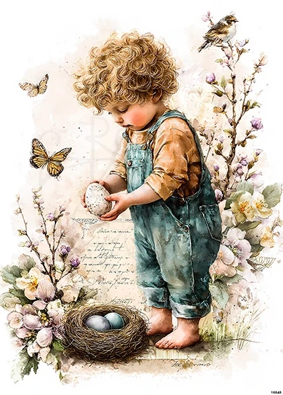 Papier ryżowy do decoupage A5 Wielkanoc - chłopiec i gniazdo z jajkami retro 16848