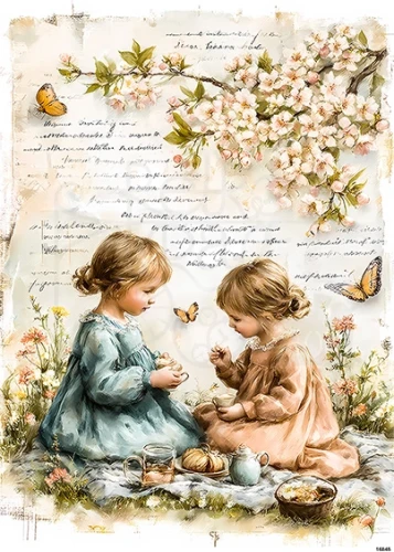 Papier ryżowy do decoupage A5 Dziewczynki kwiaty i motylki retro 16845