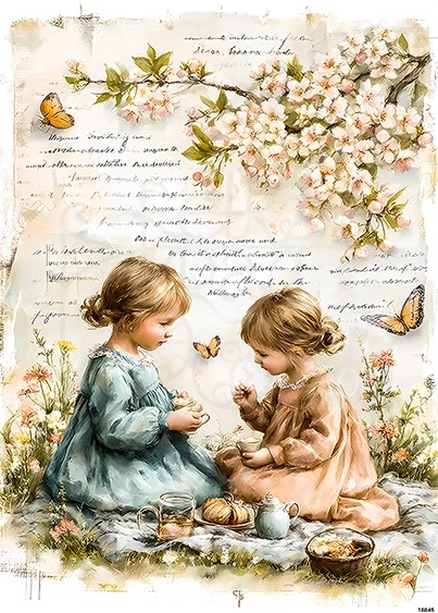 Papier ryżowy do decoupage A5 Dziewczynki kwiaty i motylki retro 16845