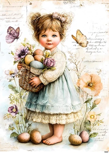 Papier ryżowy do decoupage A5 Wielkanoc - dziewczynka i kosz z jajkami retro 16842