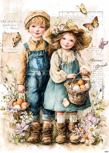 Papier ryżowy do decoupage A5 Wielkanoc - dzieci i kosze z jajkami retro 16841