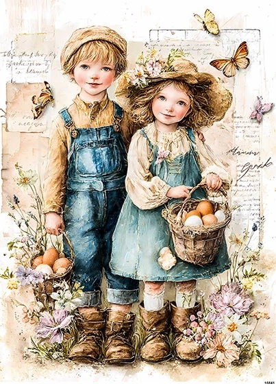 Papier ryżowy do decoupage A5 Wielkanoc - dzieci i kosze z jajkami retro 16841